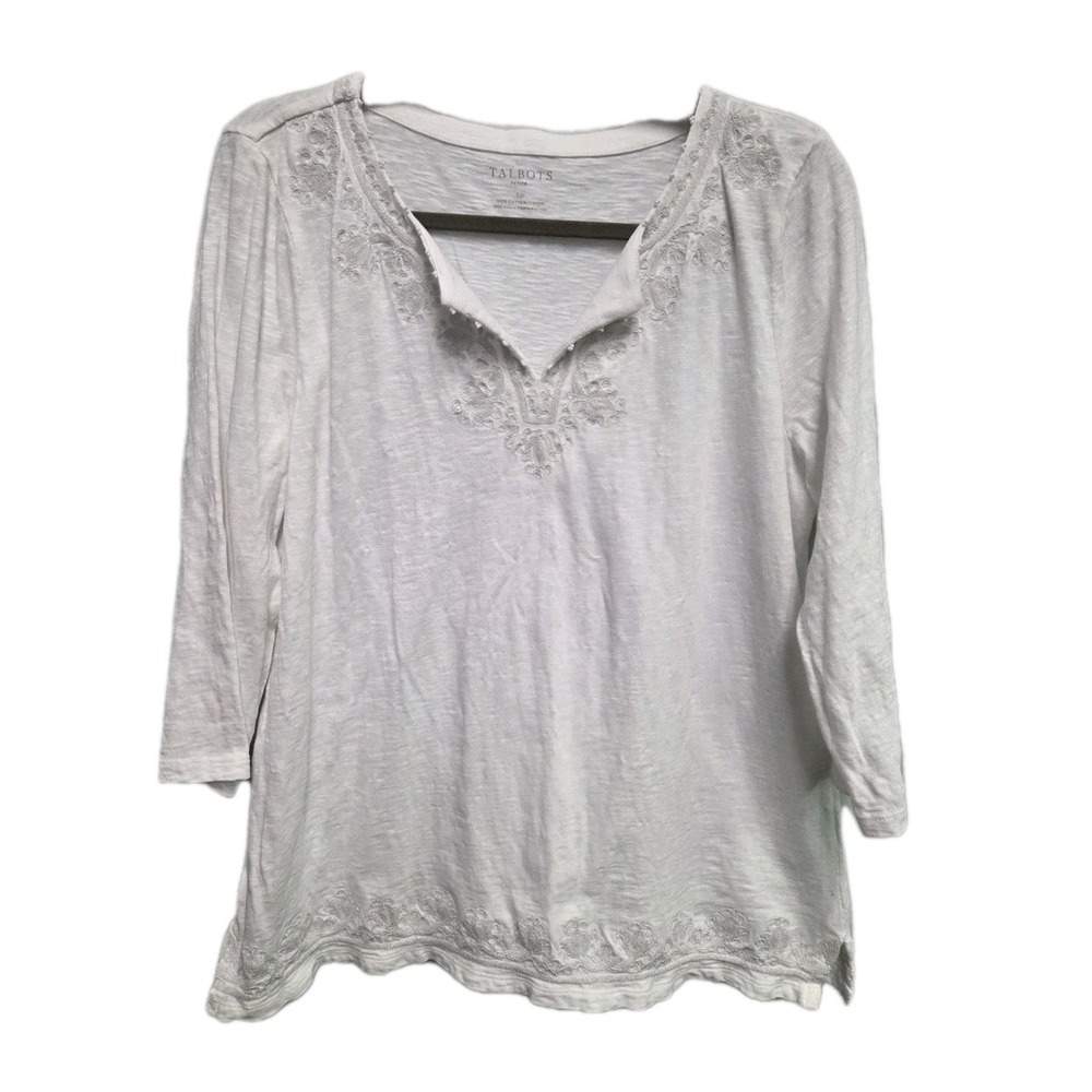 Talbots White Notch Neck Tunic Shirt Slub Cotton 3/4 Sleeve Silver embroidery LP